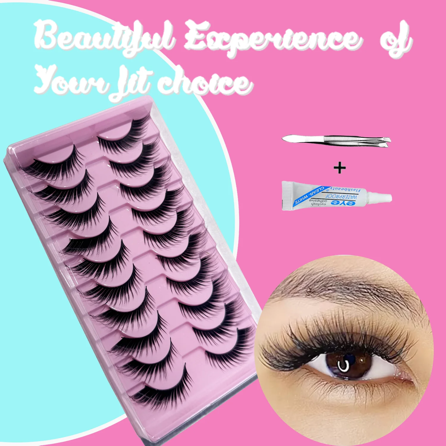 韓国マンガスタイルつけまつげ – 接着剤とピンセットキット 10ペアのソフトクラスターデザイン、ナチュラルブラウンで楽なグラムを実現