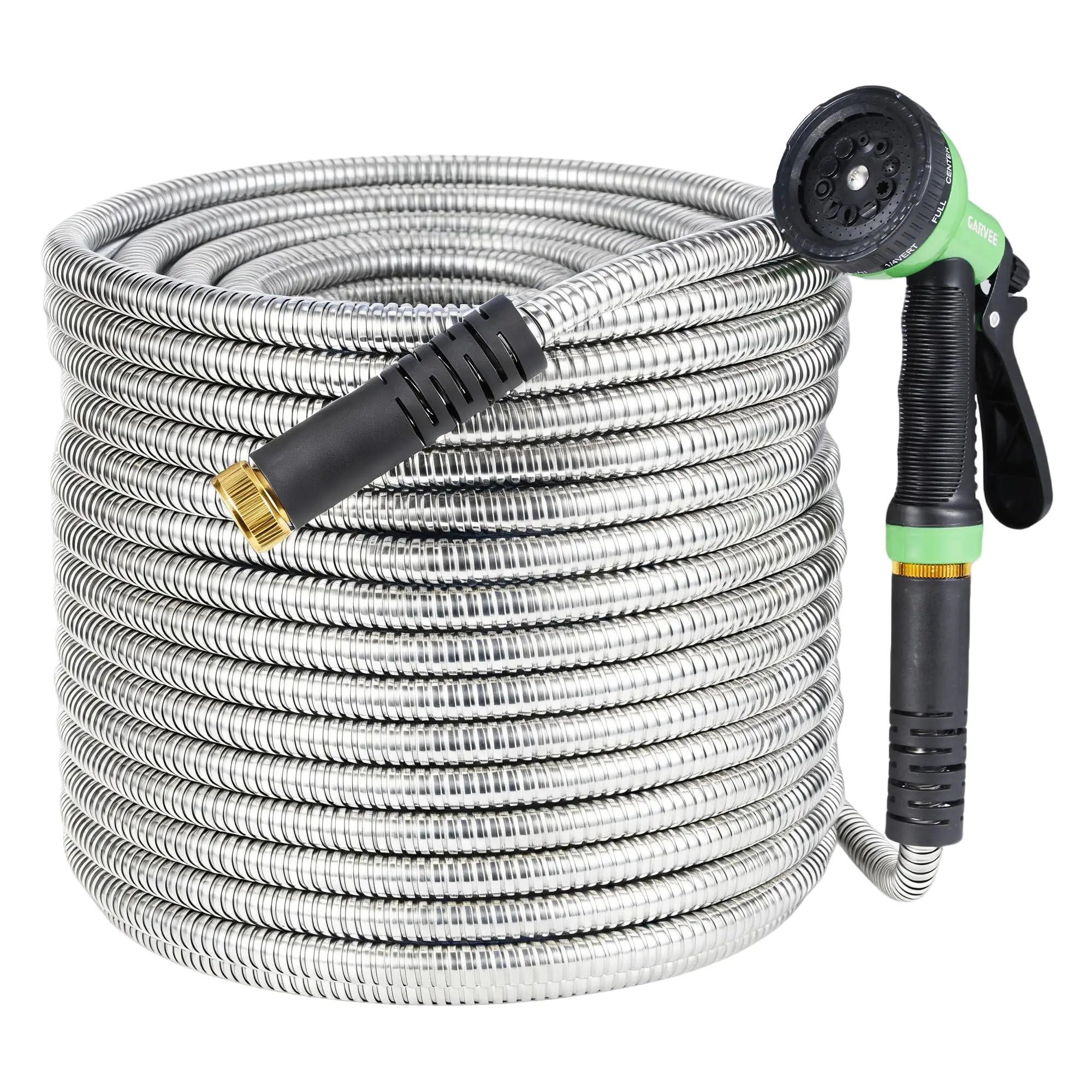 50/75/100/150 ft Stainless Steel Garden Hose with 10-Function Spray Nozzle, Kink-Free Flexible Metal Water Hose, Solid Brass 3/4'' Connectors, Heavy Duty, Durable, Leak-Proof