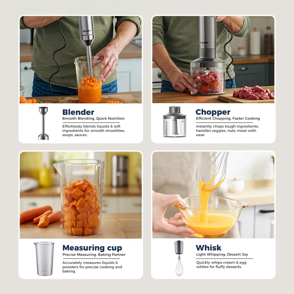 4-in-1-Handmixer 1200 W, Edelstahl-Stabmixer mit 14 Geschwindigkeiten, 700-ml-Becher und 500-ml-Zerkleinerer, Schneebesen, 0 % BPA, aufsteckbare Lagerung – Detail 3