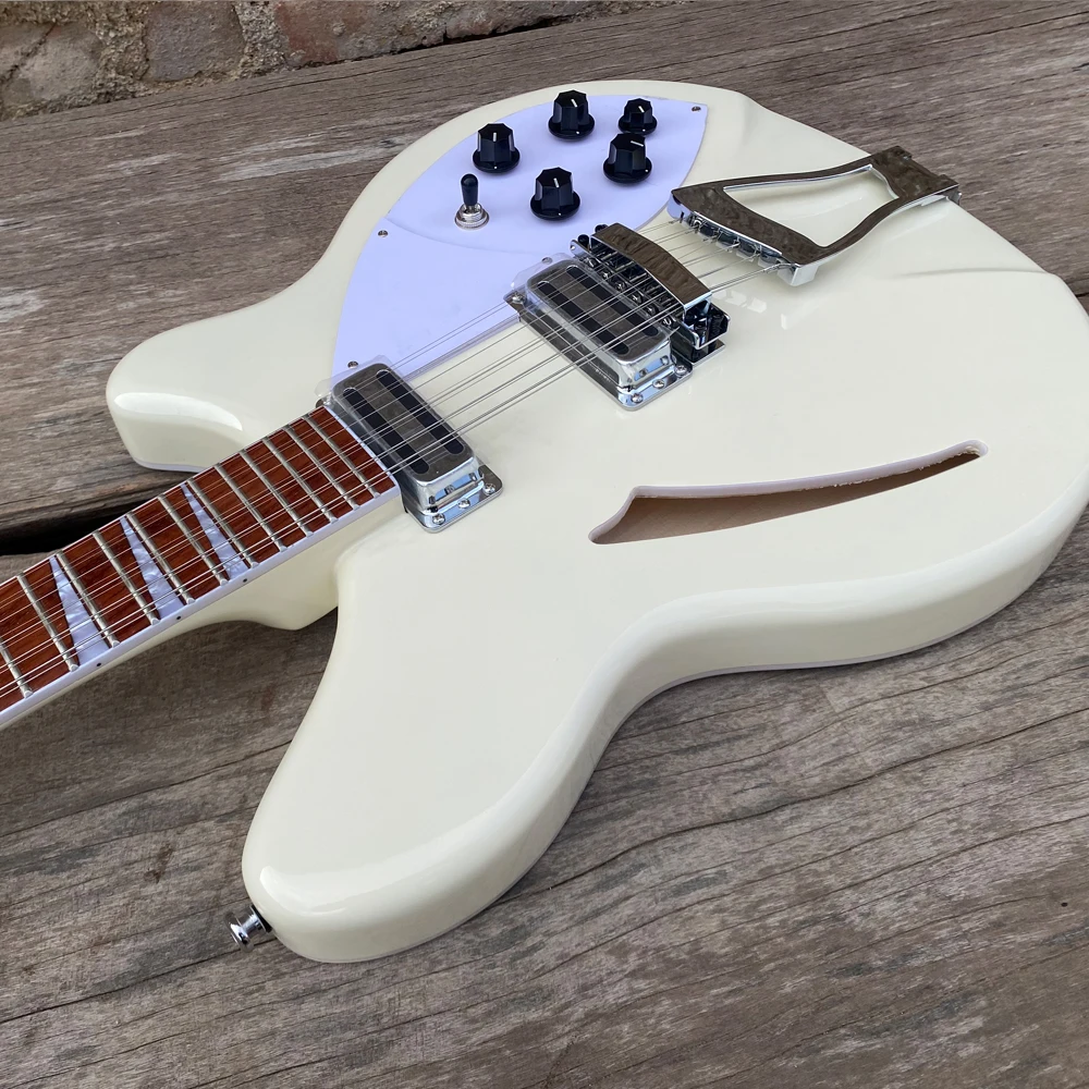 In Stock 12 String Semi Hollow Body Cream White Electric Guitar, Trapeze Tailpiece, Rosewood Fretboard, High Quality Guitarra