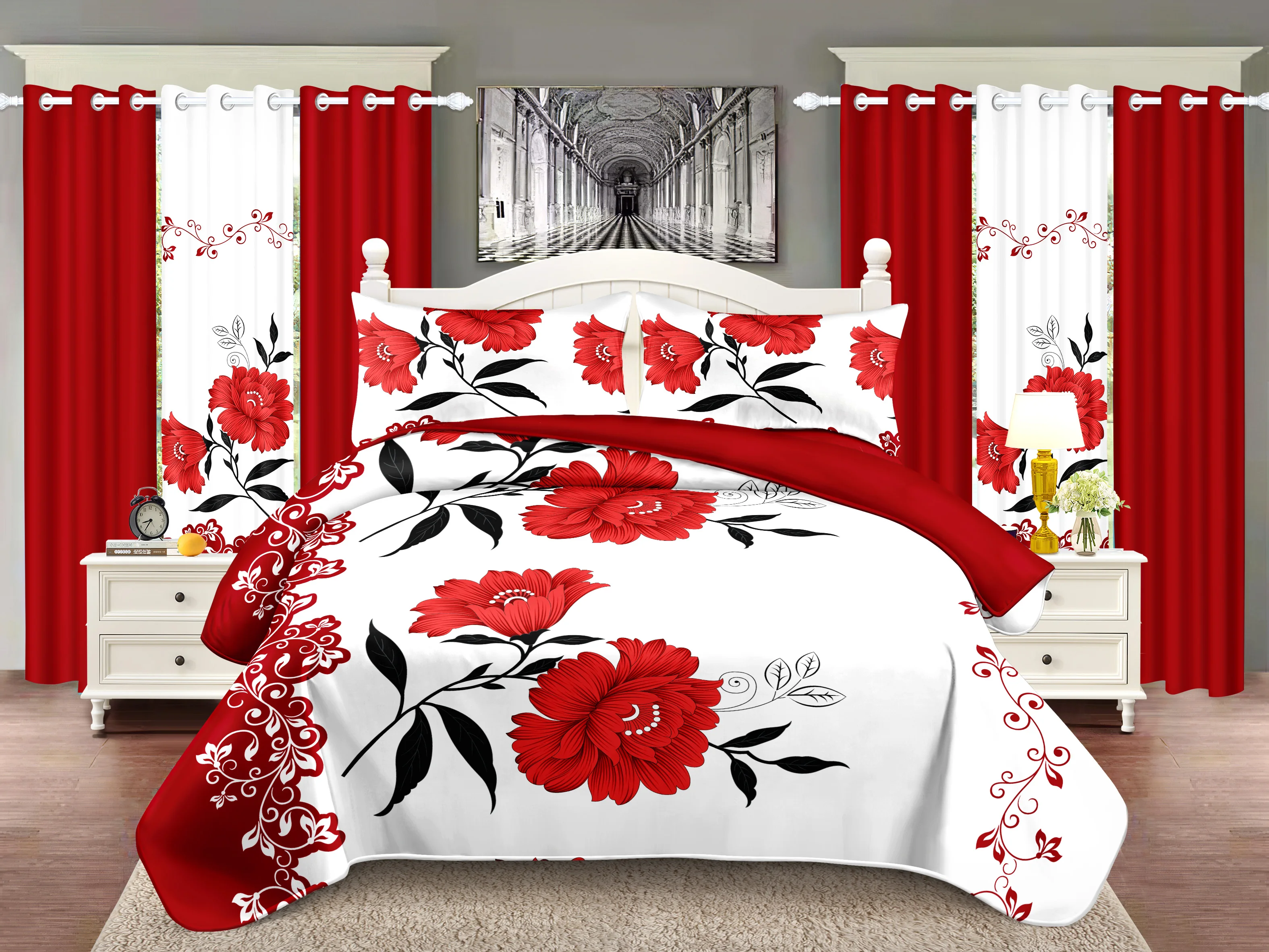

Комплект постельного белья из 9 предметов (1 покрывало + 2 наволочки + 2 шторы с принтом + 4 однотонные шторы) – Мягкий, комфортный, с узором «Красные розы»