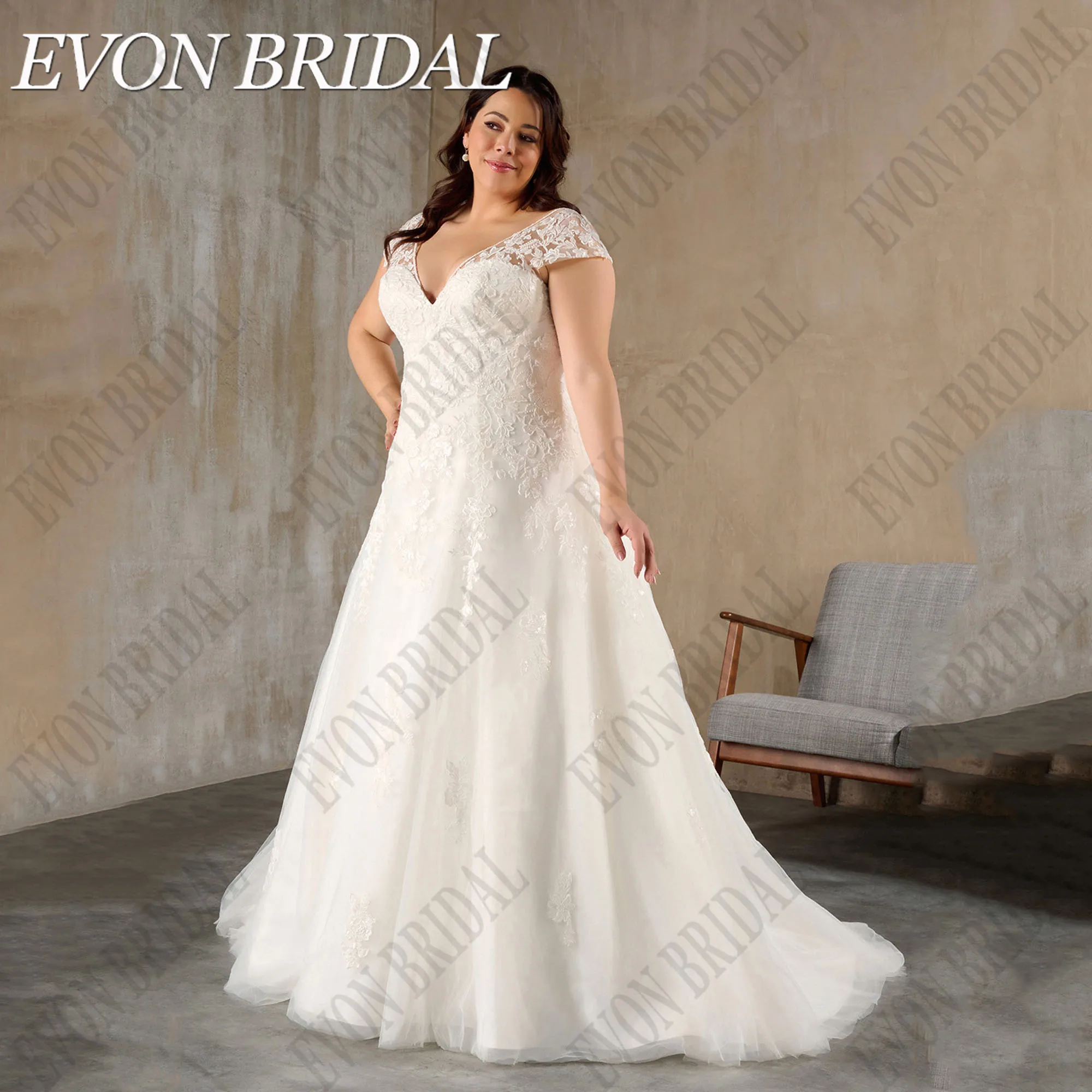 

EVON BRIDAL Wedding Dress Plus Size Women Cap Sleeve V Neck Applique A Line Corset Bridal Gown Lace Robe Mariee Customized