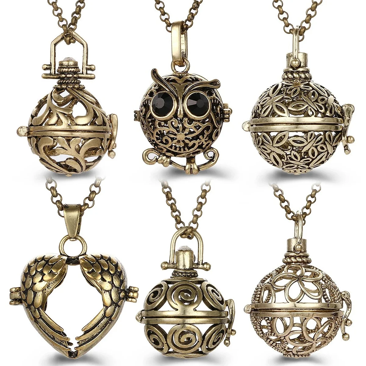 Pendentif en forme de cœur pour femme, carillon du mexique, Vintage, Cage d'aromathérapie, hibou, médaillon, collier, ailes d'ange, diffuseur en forme de cœur, bijoux à la mode