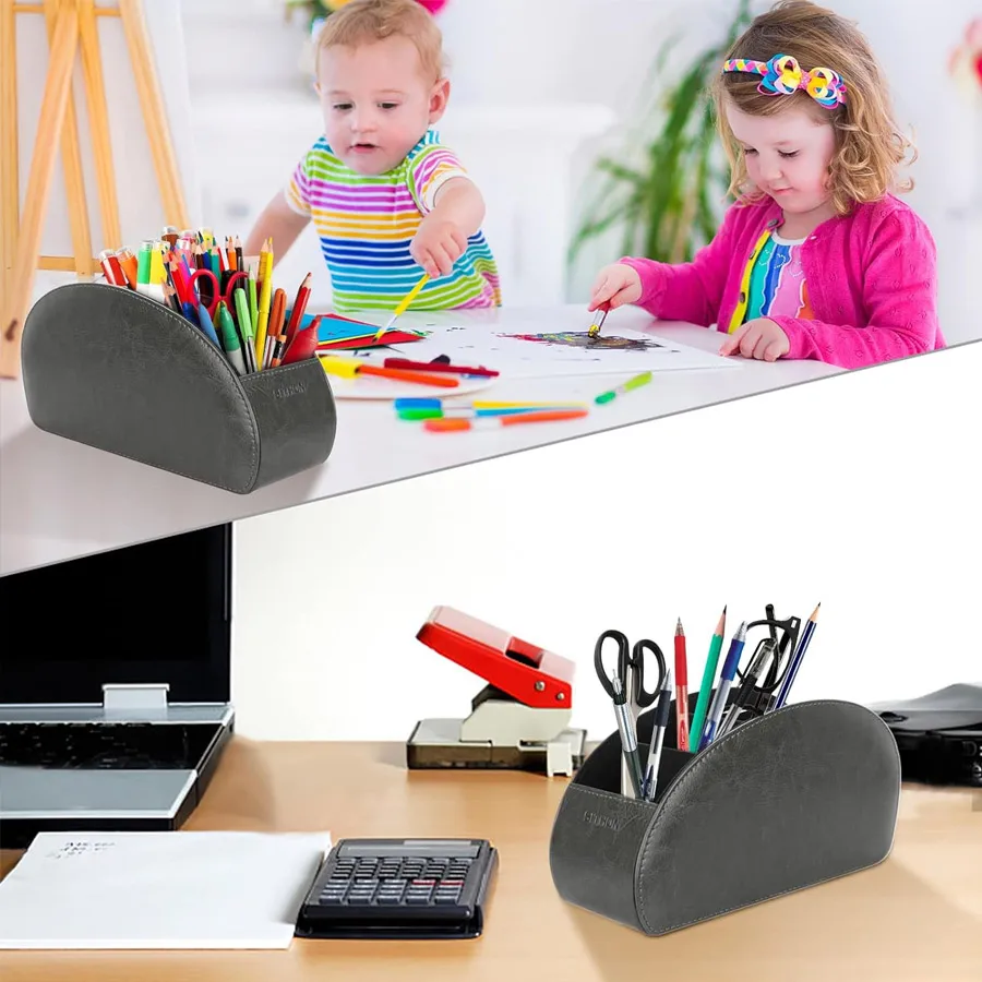 1Pc 5 Grid PU Leather Desktop Organizer, Remote Control Phone Storage Box Makeup Brush Holder for Home Office Desk view 6