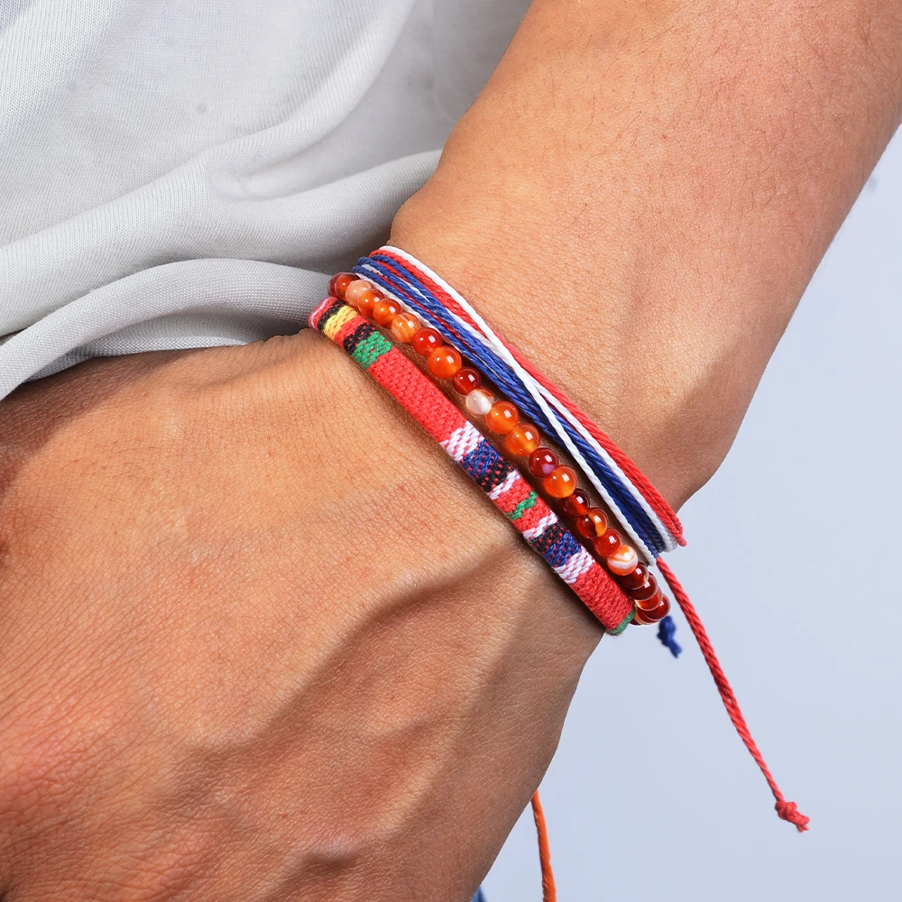 3-teiliges geflochtenes Armband-Set für Herren, Naturstein-Paar-Armband, handgewebtes Armband aus böhmischer ethnischer Baumwolle und Leinen