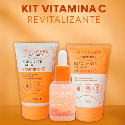 Kit 3 Cuidados Faciais Vitamina C – Miss Care by Miss Rôse (Sabonete + Esfoliante + Sérum)