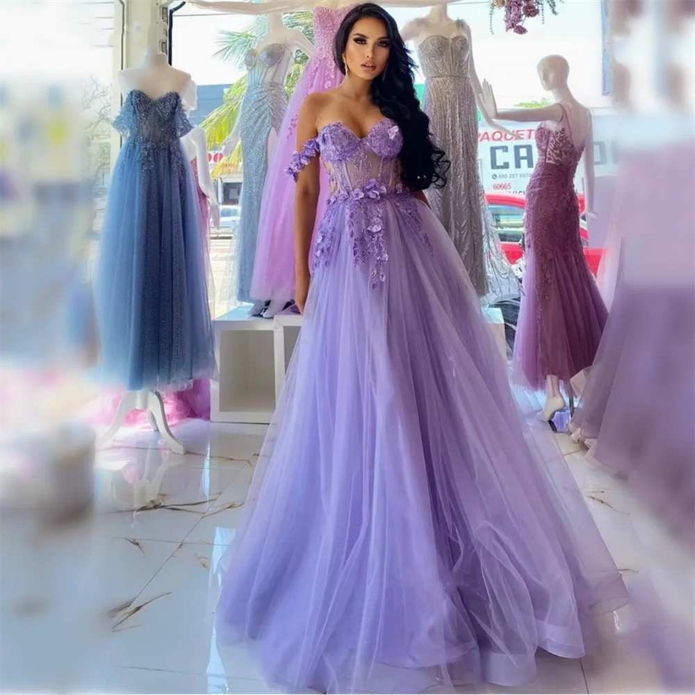 Lilac Tulle Off the Shoulder Prom Dresses Sweetheart A-line 3D Flower Homecoming Dress Elegant Lace Up Ruched Party Gowns 2024