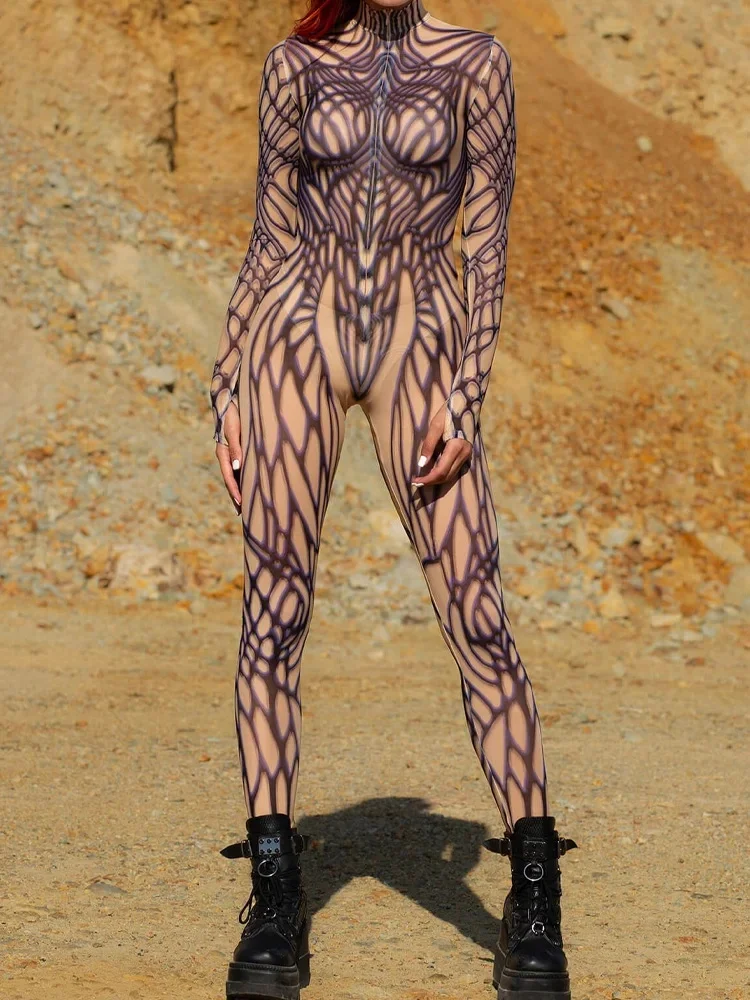 Seksowny damski kostium Zentai Cosplay linie siatki wzór drukuj body obcisły kombinezon strój na Halloween karnawałowy zestaw robotów — zdjęcie 2