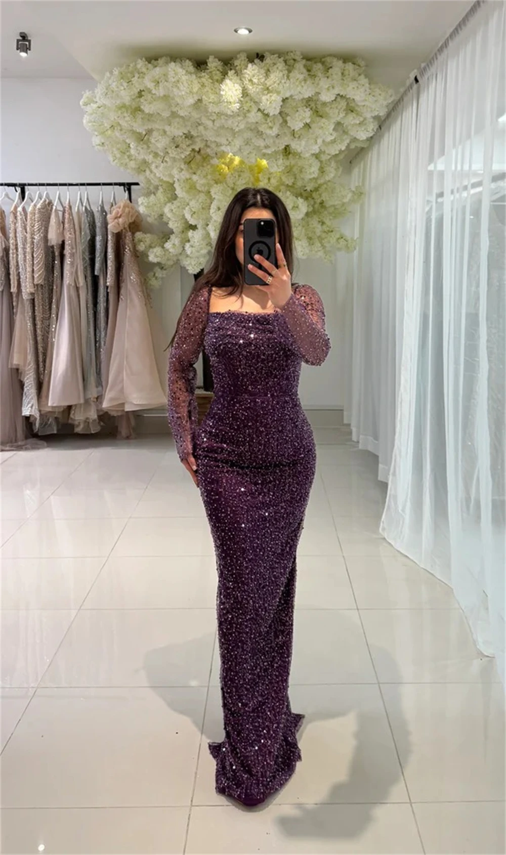 Sansa Customized Purple Mermaid Beaded Detachable Train Prom Dress Long Sleeve Vestidos De Noche Floor-Length Formal Evening
