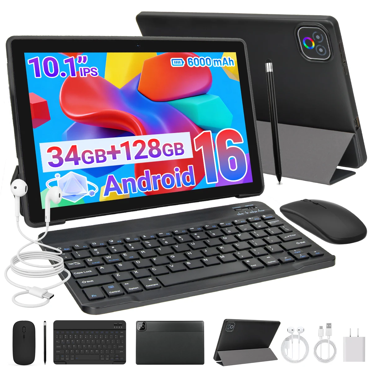 X6L 10.1 Inch Android 16 Tablet OctaCore 34GB(6GB Physical+28GB Virtual RAM) 128GB Storage 6000mAh Widevine L1 With Keyboard Case Stylus Mouse Earphone Full Bundle Learning Tablet