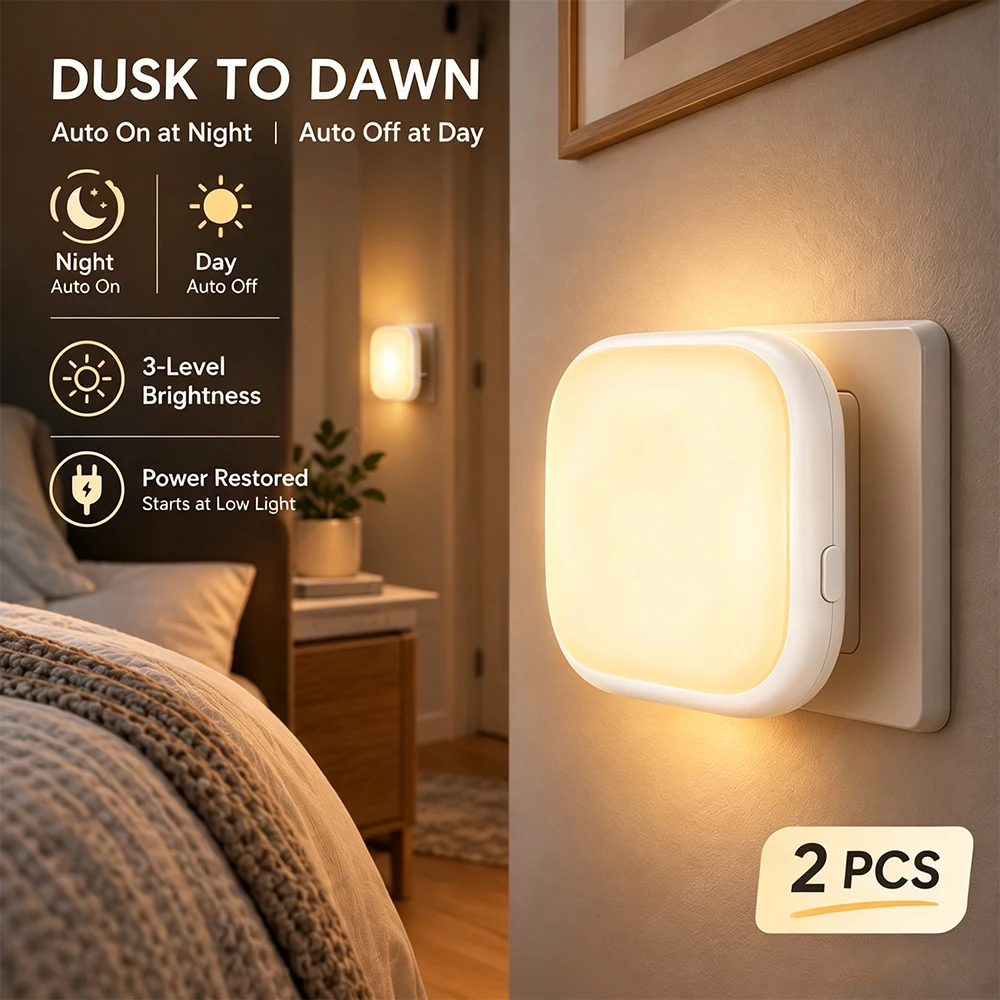 Confezione da 2 luci notturne a LED da inserire in prese, con sensore che si attiva al tramonto e si spegne all’alba, 3 livelli di luminosità regolabile (luce bianca calda 2700K), accensione e