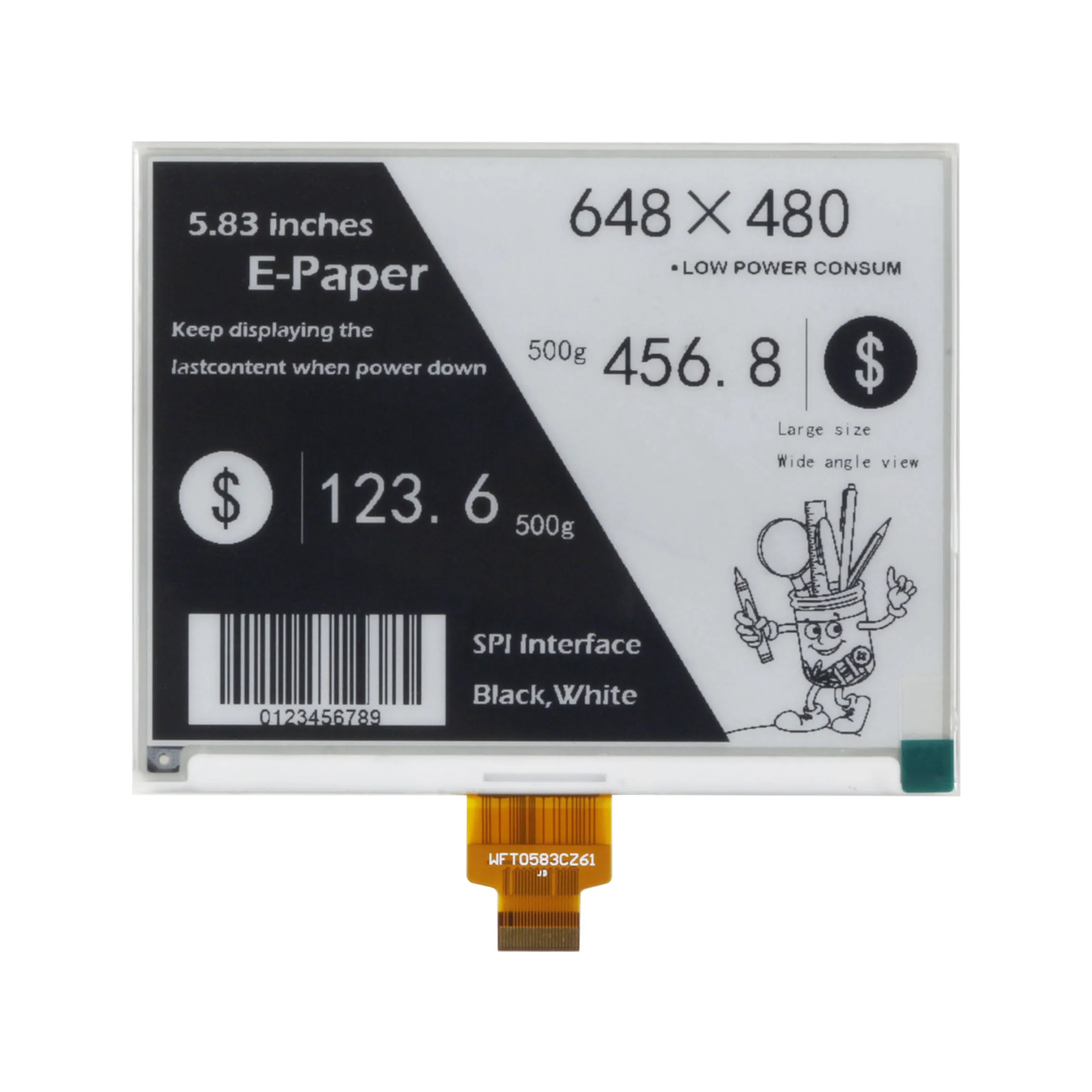 WFT0583CZ61 5.83inch e-paper e-ink displej čepice pro malina pi, 648×480 pixelech, černá / bílá dual-color, SPI rozhraní