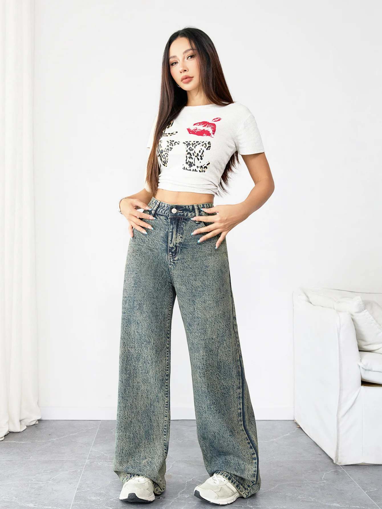 Pantalones vaqueros holgados de pierna ancha de talla grande y cintura alta para mujer, ropa de calle Y2K, traje de pantalones holgados estéticos informales Vintage