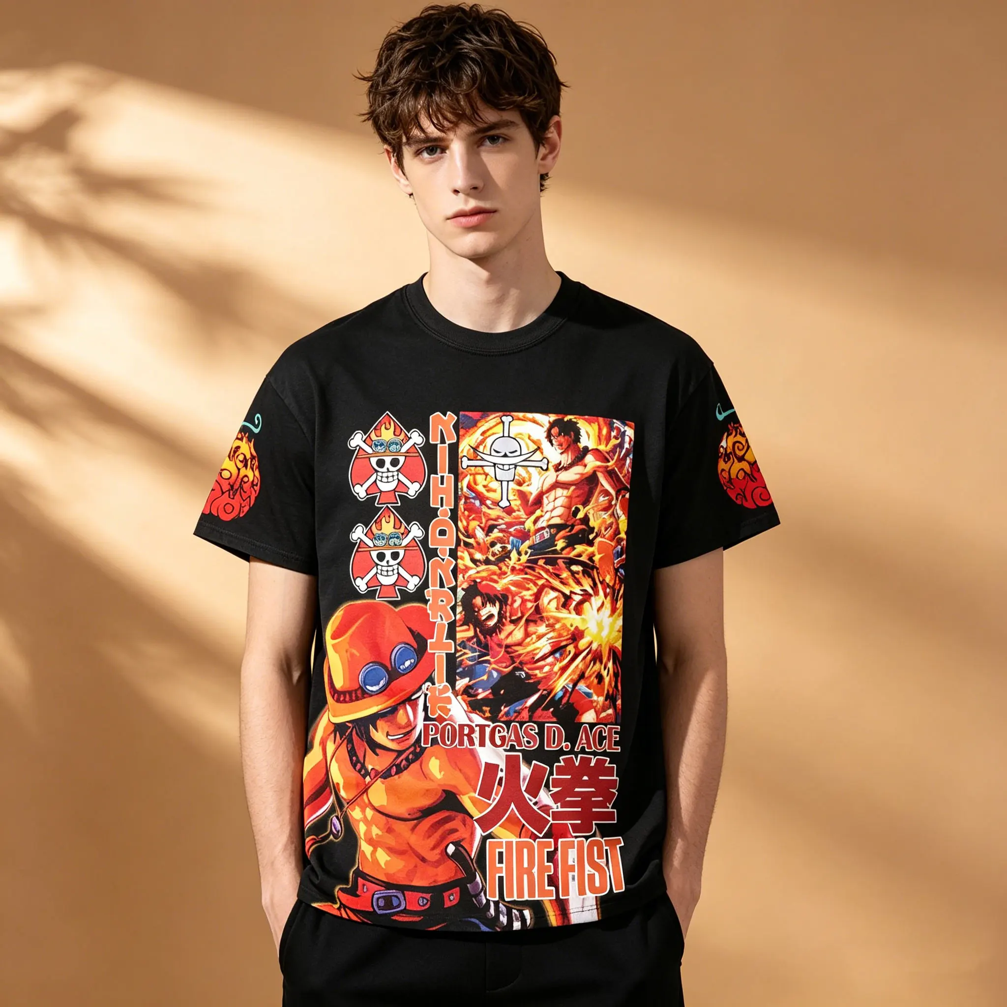 Herren-T-Shirt mit Portgas D Ace Fire Fist Skull Logo-Print vorne und hinten, atmungsaktives Anime-T-Shirt mit Rundhalsausschnitt und kurzen Ärmeln