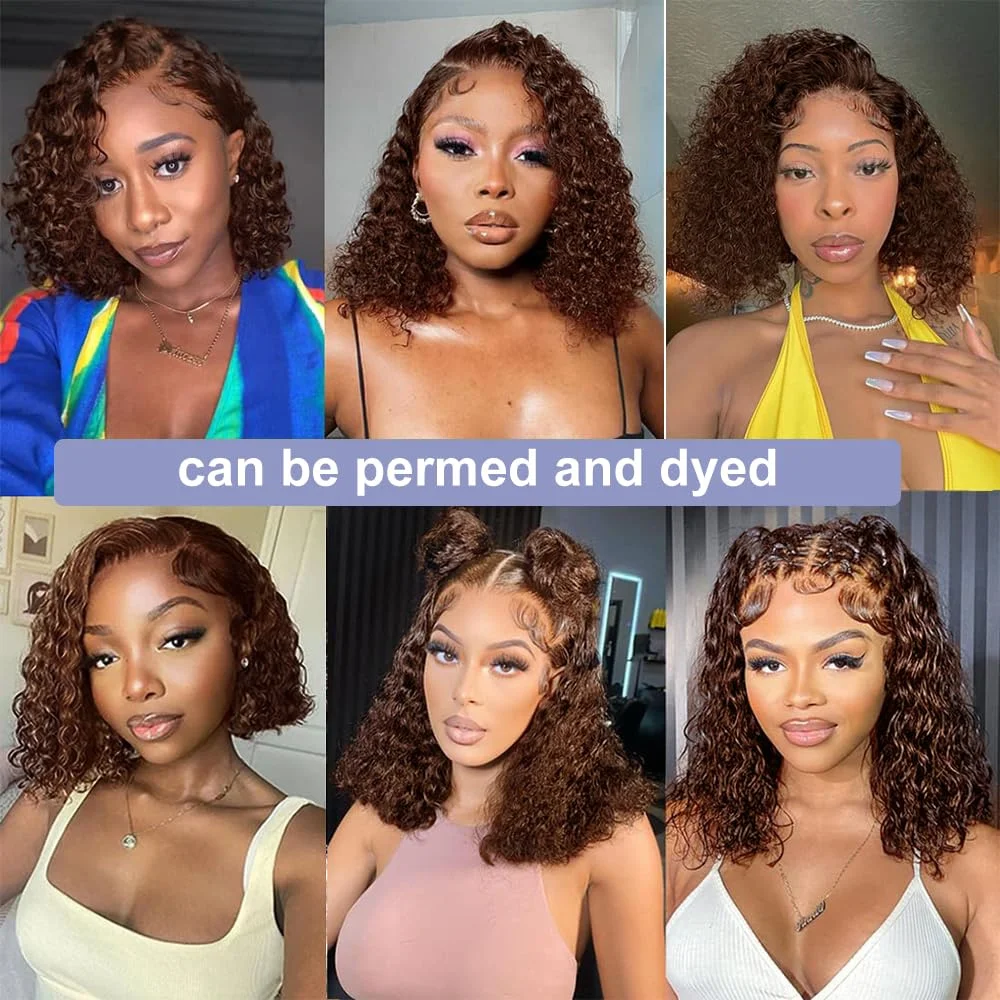 Chocolate Brown Short Bob Deep Wave 13x4 Transparent Lace Front Wigs Human Hair Brazilian Colored Curly HD Lace Frontal Wig