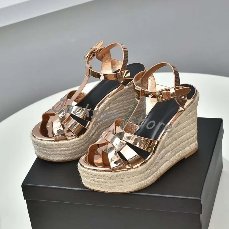 

Trendy Hand Woven Hemp Thick Soled Wedge Shoes Summer Platform Patent Leather Shiny Buckle Women Sandals Versatile Dress Shoes