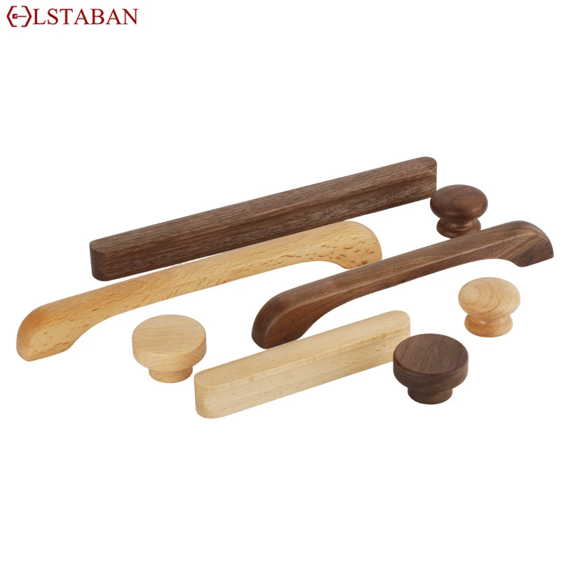Walnut Beech Kitchen Cabinet Handle Drawer Solid Wood Furniture Door Drawer Round Knob Cupboard Wooden Handle Hardware Long Pull