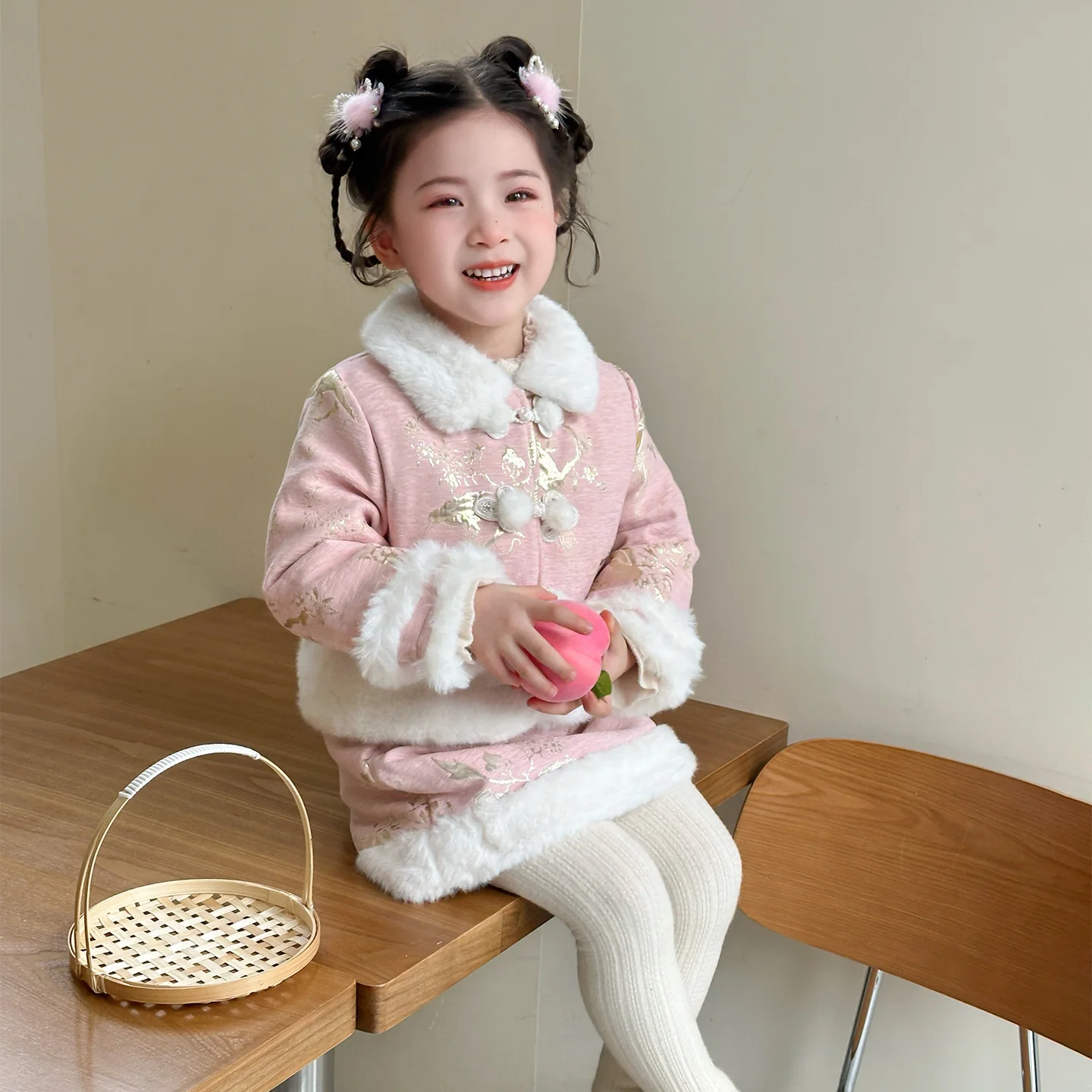 

Girls' Winter 2-Piece Pink Faux Fur Trim Jacket & Skirt Set - Gold Floral Print Winter Holiday and party Outfit