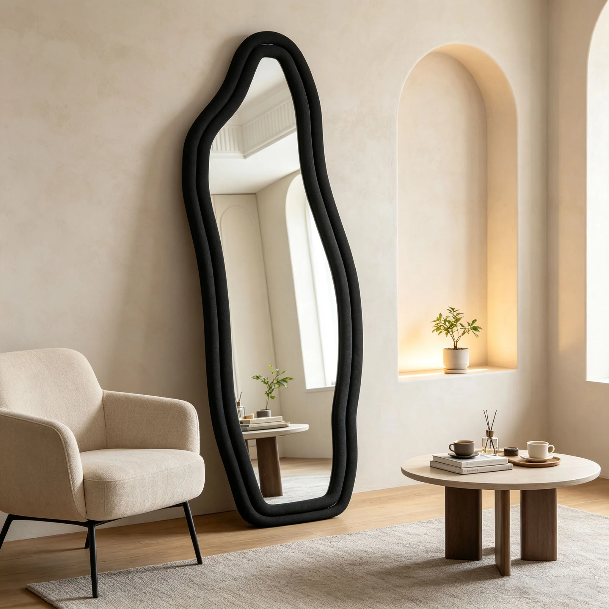 Anajqaqia 140x45cm Schwarzer Unregelmäßiger Ganzkörperspiegel, Wellenförmiger Delfinspiegel mit Samt-Rahmen und Metallständer, Freistehender Ganzkörperspiegel aus gehärtetem Glas für Schlafzimmer- und