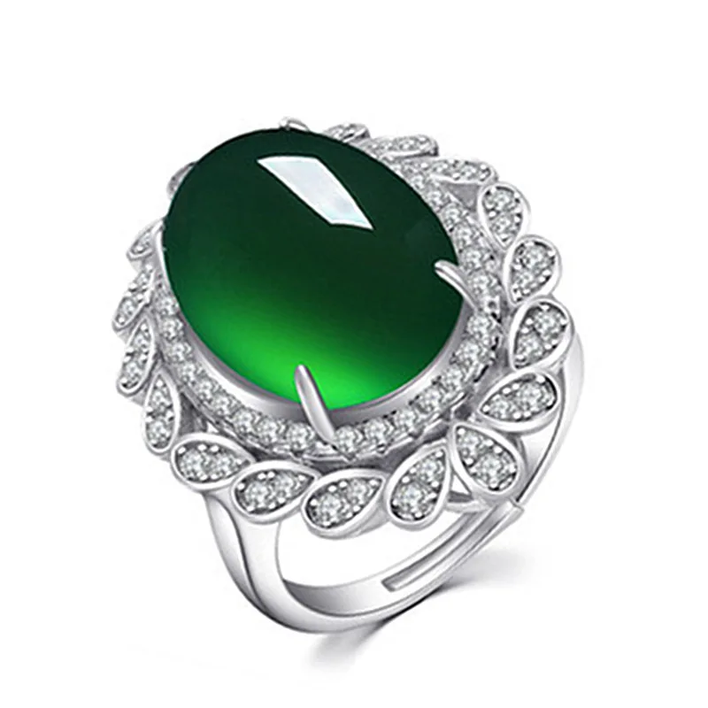 Hot selling platinum plated luxury palace fancy green jade ring full diamond open flower chalcedony crystal jasper ring