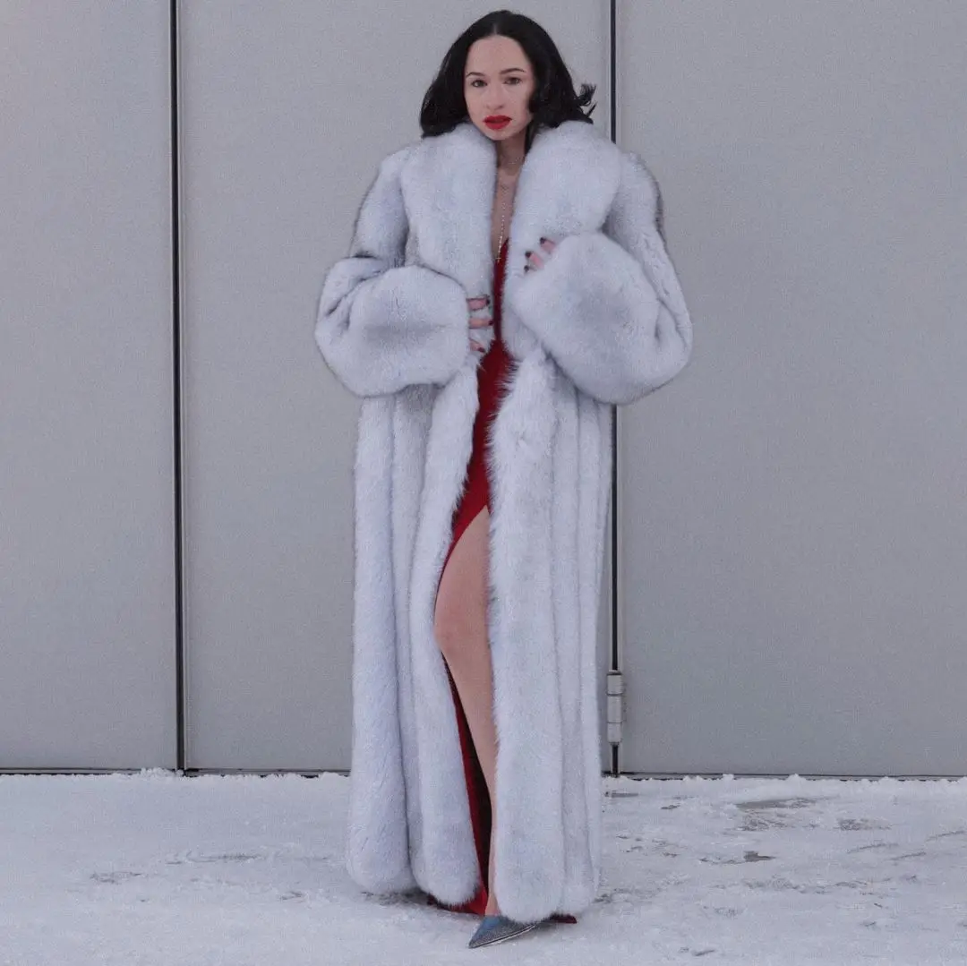 130cm Long Real Fox Fur Coat with Turn-down Collar High Quality Natural White Genuine Fox Fur Coats for Women Winter Outwear