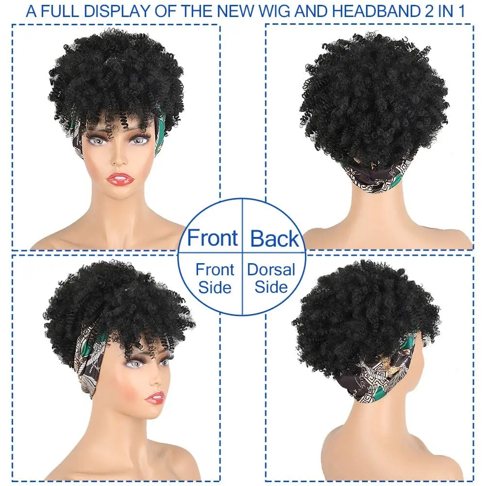Curly Wigs for Black Women,Headband Wigs with Bangs Wrap Wig 2 in 1 Synthetic Short Afro Kinky Curly Wig with Headband Attached