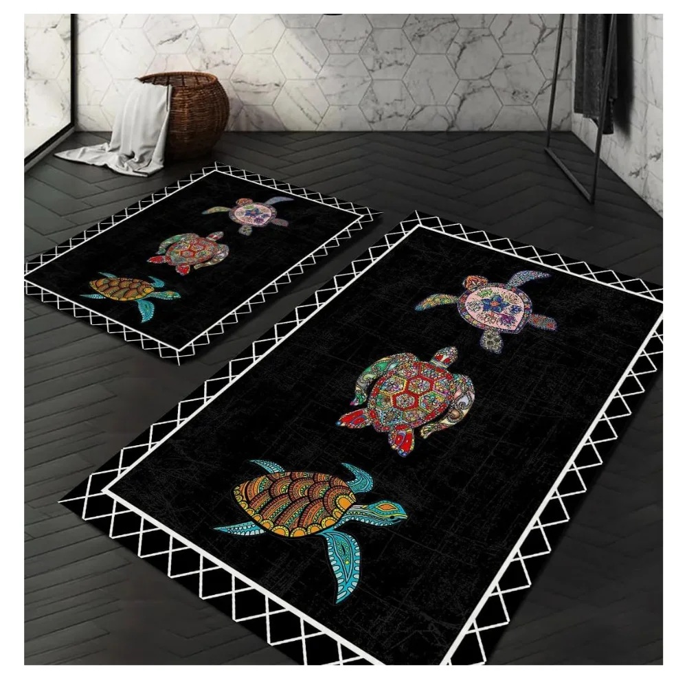 Colorful Turtle Pattern 2 Carpet Set (60x100/40x60) Bathroom Carpet Stylish Design Non-Slip Fade Dowry 2023