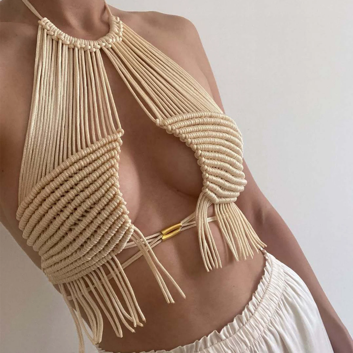 

Топ ручной работы Burning Man в стиле макраме Coachella 2025, наряд для фестиваля богини музыки Rave, пляжная накидка, женский укороченный топ в стиле макраме