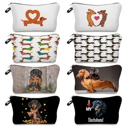 Ladies Cosmetic Bag Cartoon Animal Sausage Dog Print Portable Women's Pencil Bag For Girl Toiletry Bag Eco Makeup Bag Travel