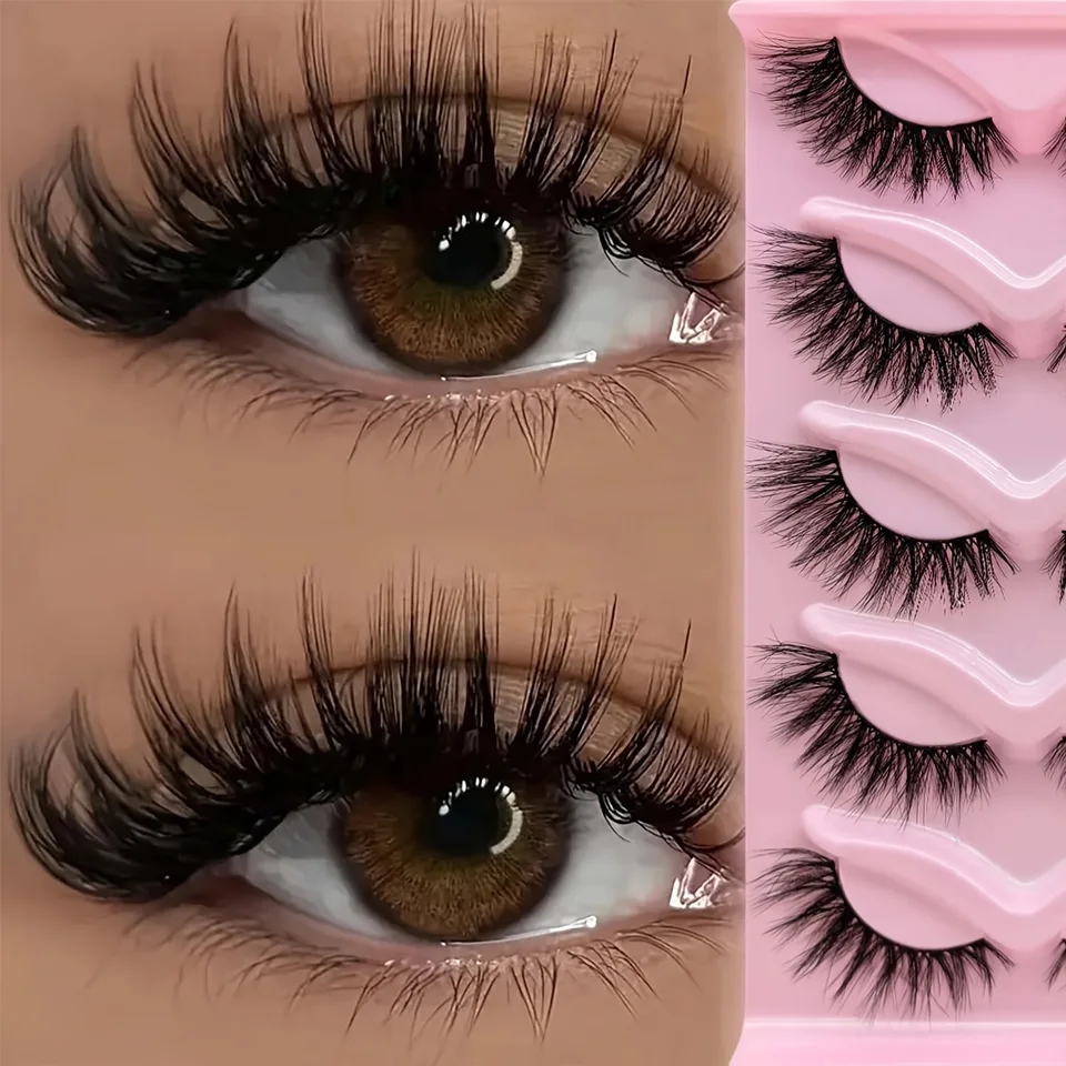 5 pares de pestañas ojo de gato 3D naturales postizas, esponjosas suaves cruzadas con banda transparente, pestañas manga esponjosas para maquillaje