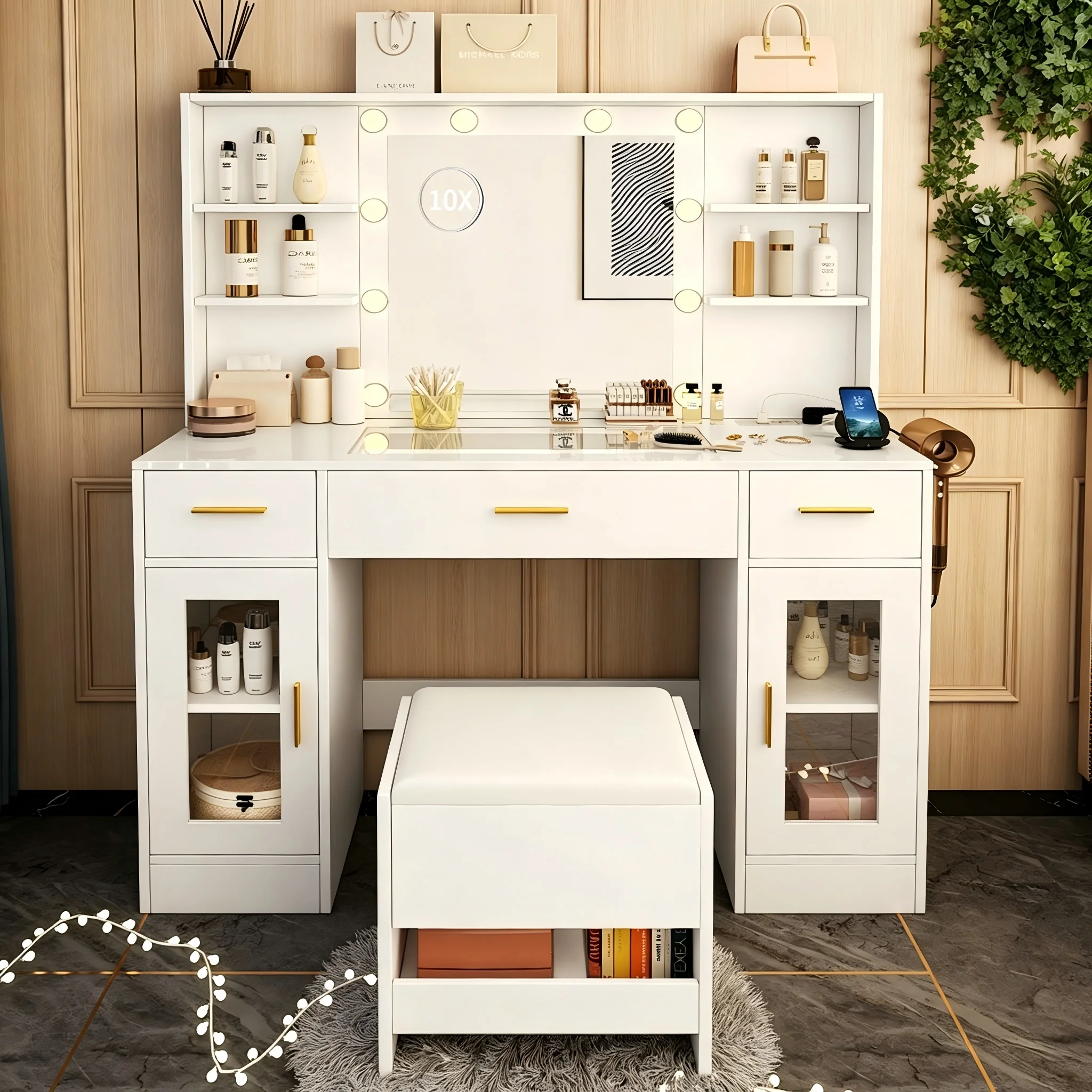 Grande coiffeuse avec miroir et lumières, luminosité réglable, plateau en verre, table de maquillage avec prise de courant, tiroirs et tabouret, modèle blanc pour chambre