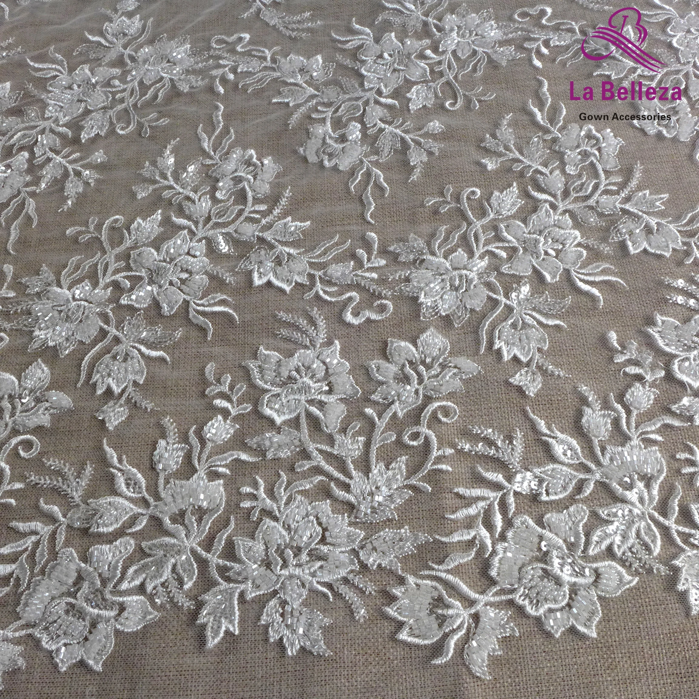 

1 Yard Off white Bridal Fabric Polyester Clear Sequins Embroidery Wedding Dress Lace Fabric