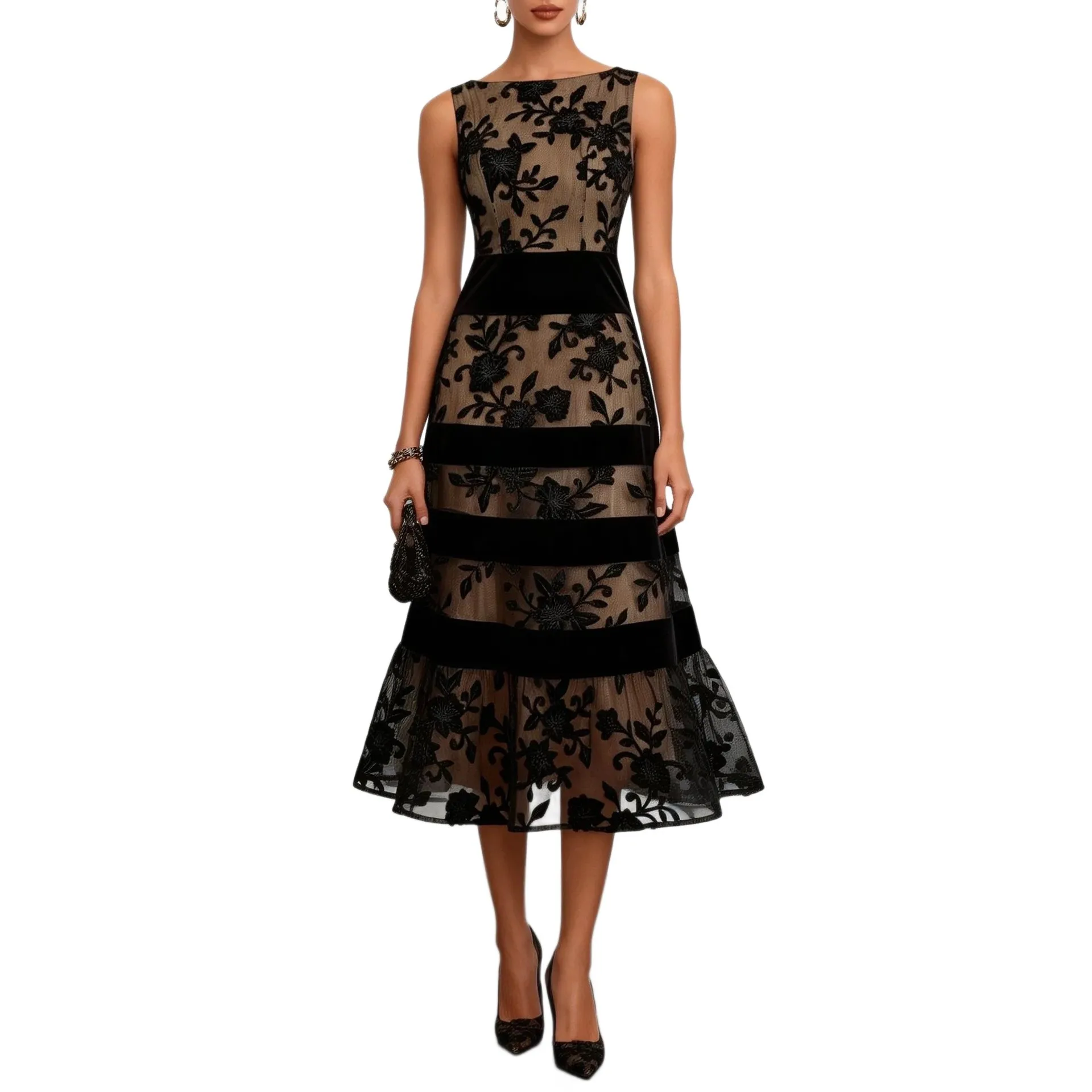 Patchwork Sheer Gown with Fitted Waist Commuter Chic Square Neck Asymmetrical Embroidery Elegant Pullover Dress Summer for Women