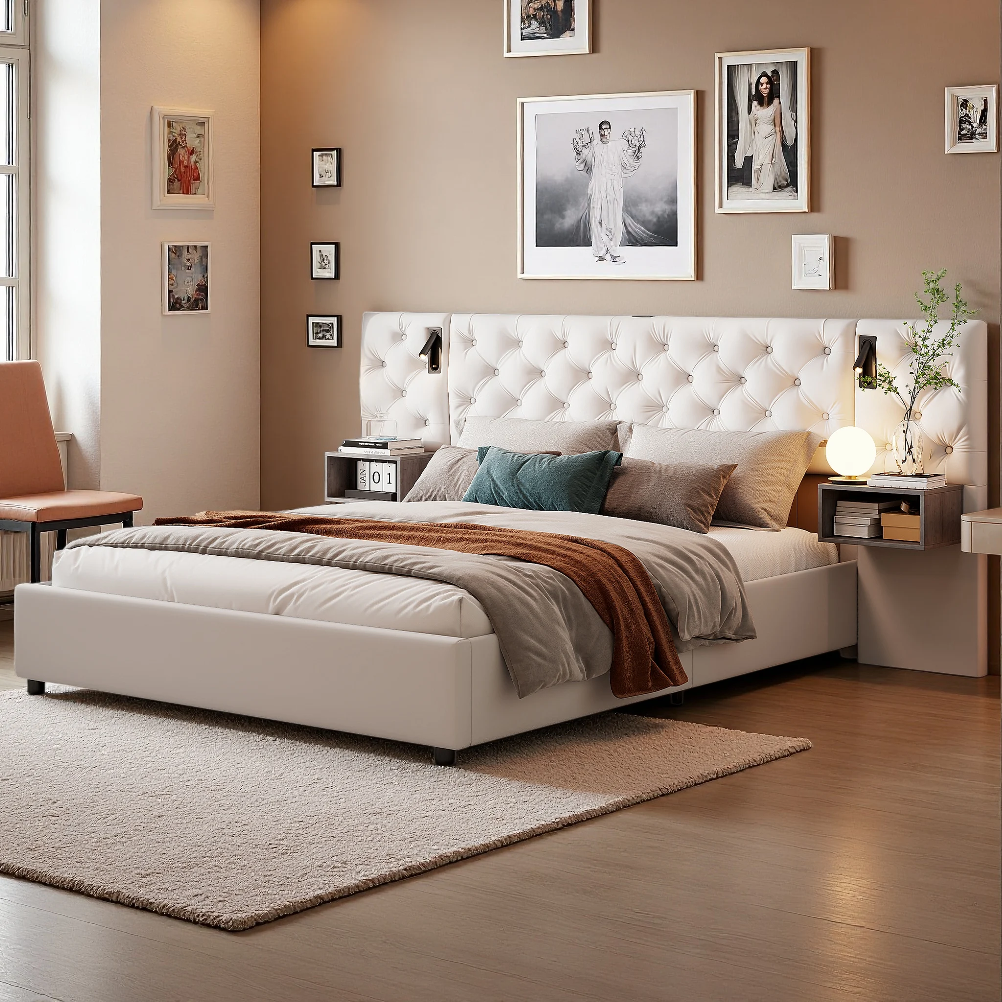 Comanlai, einteiliges Bett mit integriertem Nachttisch, 140×200 cm, Bett mit hoher Kopfteilplatte und hydraulischer Mechanik, gepolstertes Bett, Bettgestell mit großem Stauraum, Doppelbett, Bett für