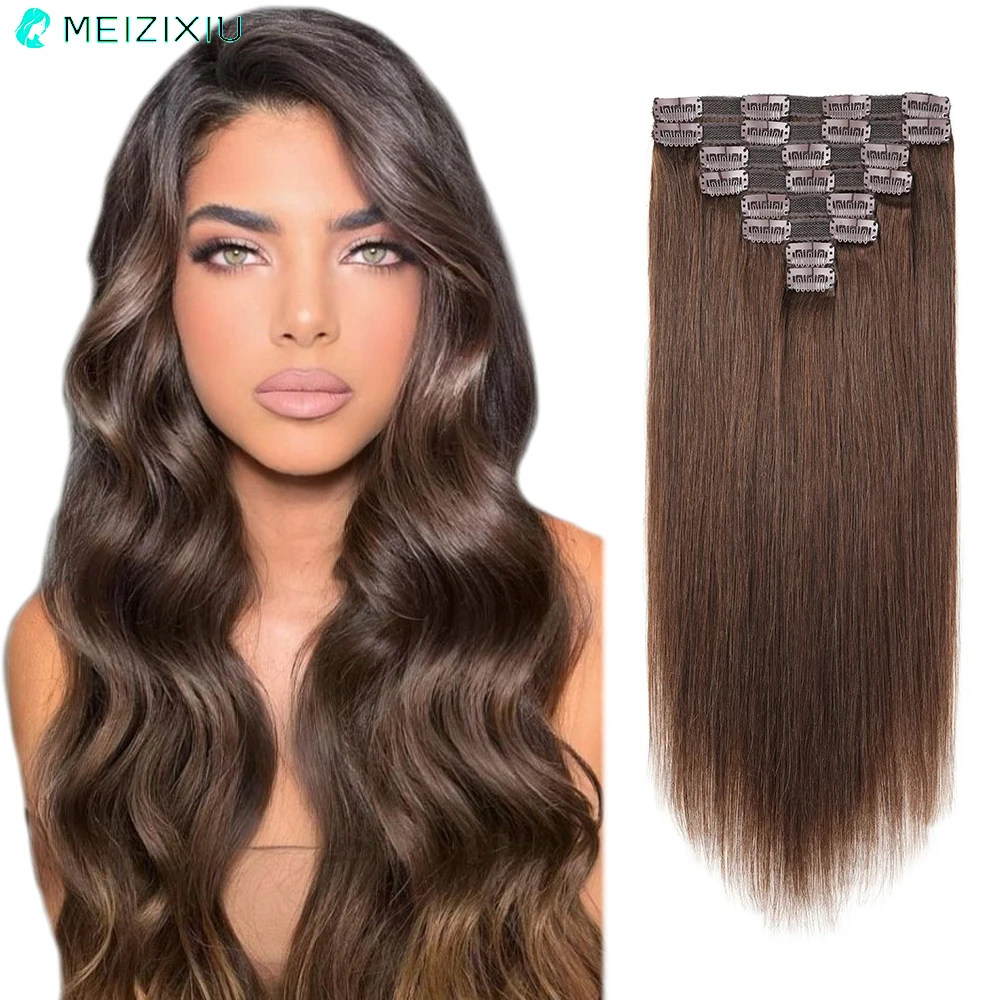 

Clip In Hair Extensions Real Human Hair Add Hair Lace Full Head Clip In Human Hair Extensions for Women Brown Straight 8Pcs 120g