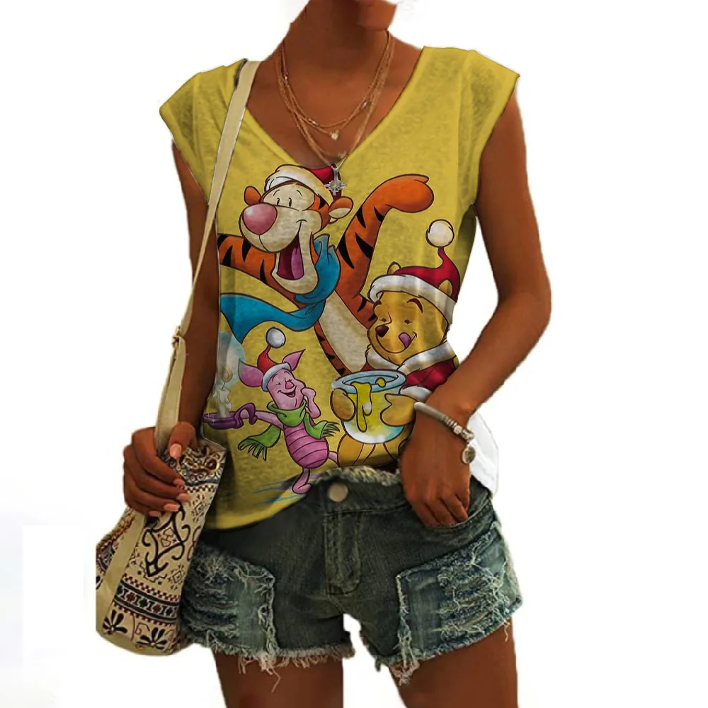 

2023 summer new fashion all-match casual ladies slim tops Disney cute Winnie the Pooh anime print street sleeveless V-neck vest