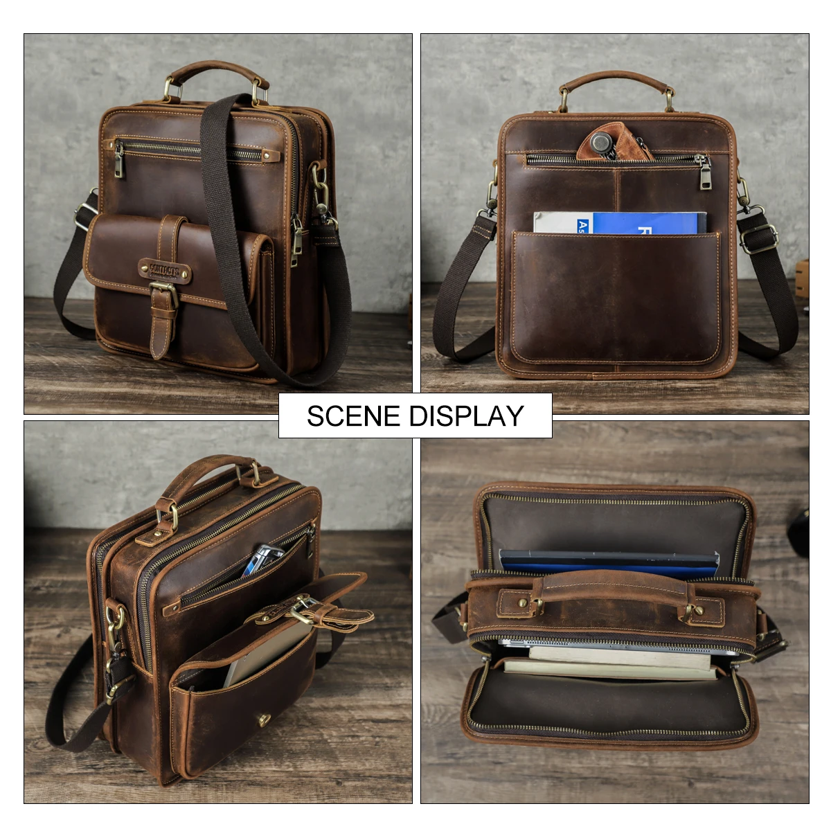 CONTACT'S Crazy Horse Leather Messenger Bag for Men, Fits 12.9