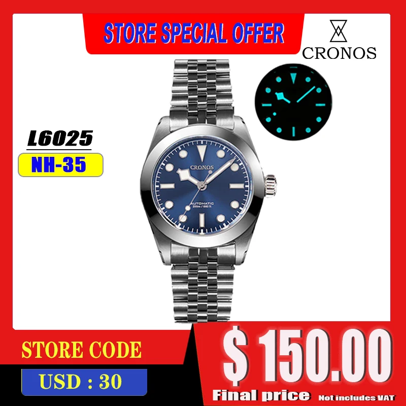 كرونوس BB39mm NH35 فستان الأعمال ساعة ميكانيكية للرجل التلقائي الياقوت ندفة الثلج الأيدي 20Bar مقاوم للماء BGW-9 Lum L6025