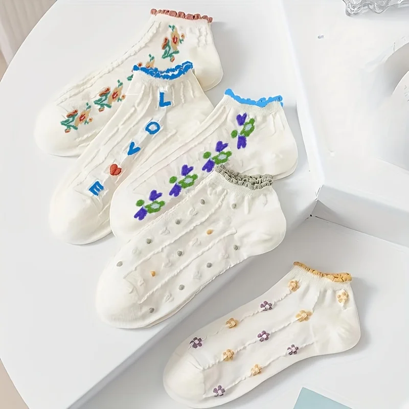 [ถุงเท้าลายดอกไม้ 5 คู่ น้ำหนักเบา ขอบระบาย] ถุงเท้าข้อสั้นลายดอกไม้ น่ารัก น้ำหนักเบา ขอบระบาย ถุงเท้าผู้หญิง