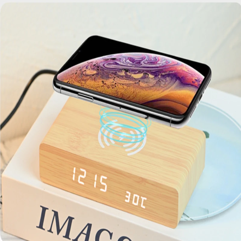 Alarm Clock with Wireless Charging Three Brightness Adjustment LED Display Multipurpose for Apartment Bedroom Gift Decor Desk