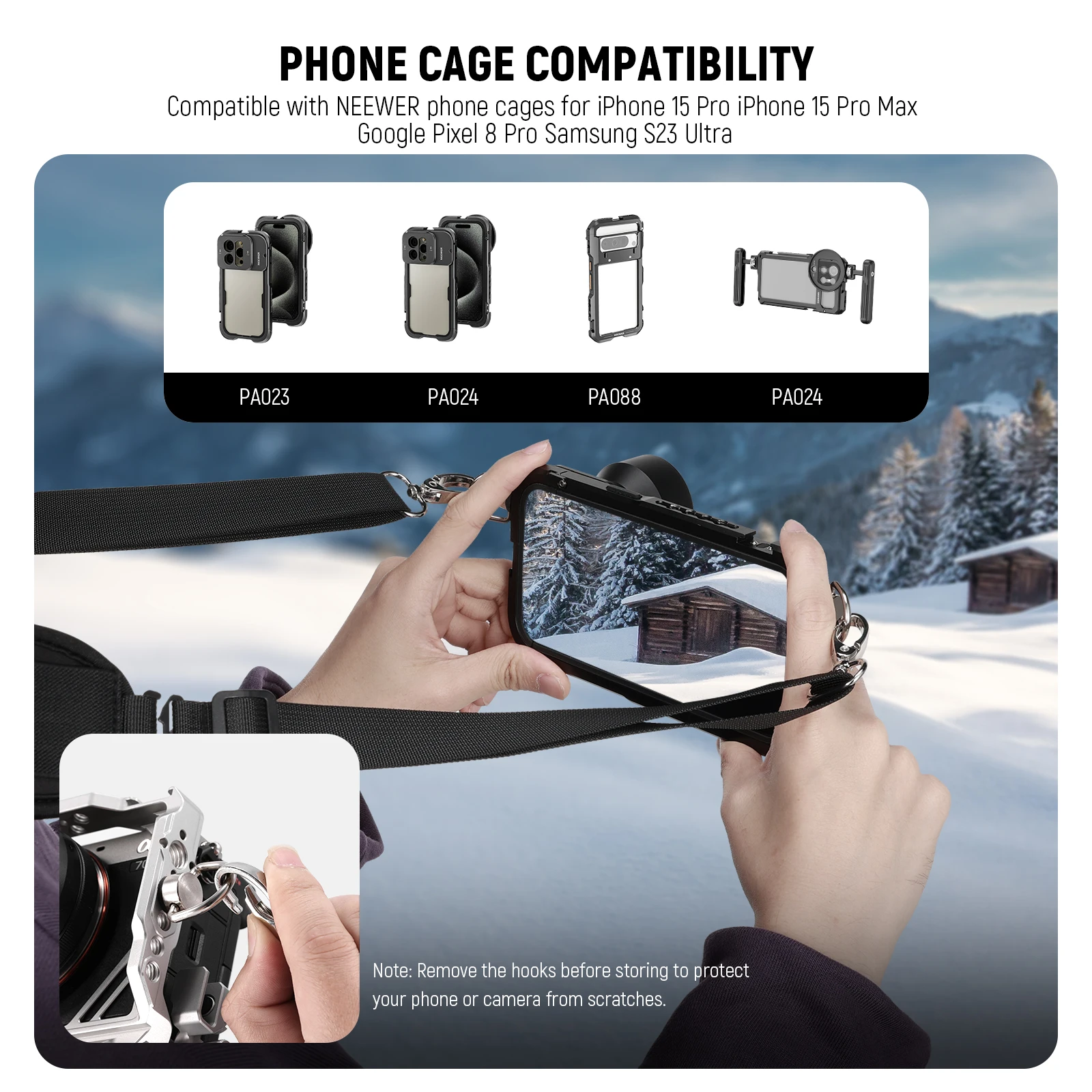 최신 숄더 스트랩 휴대폰 케이지, 아이폰, 삼성, 캐논, 소니, 니콘용, 카메라 케이지, 1/4 인치 나사 D 링 2 개