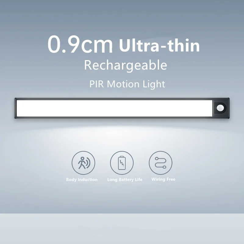 40CM Ultra thin LED PIR Motion Sensor Lights Cupboard Lights Wireless USB Rechargeable Battery Strip Light Under Cabinet Kitchen