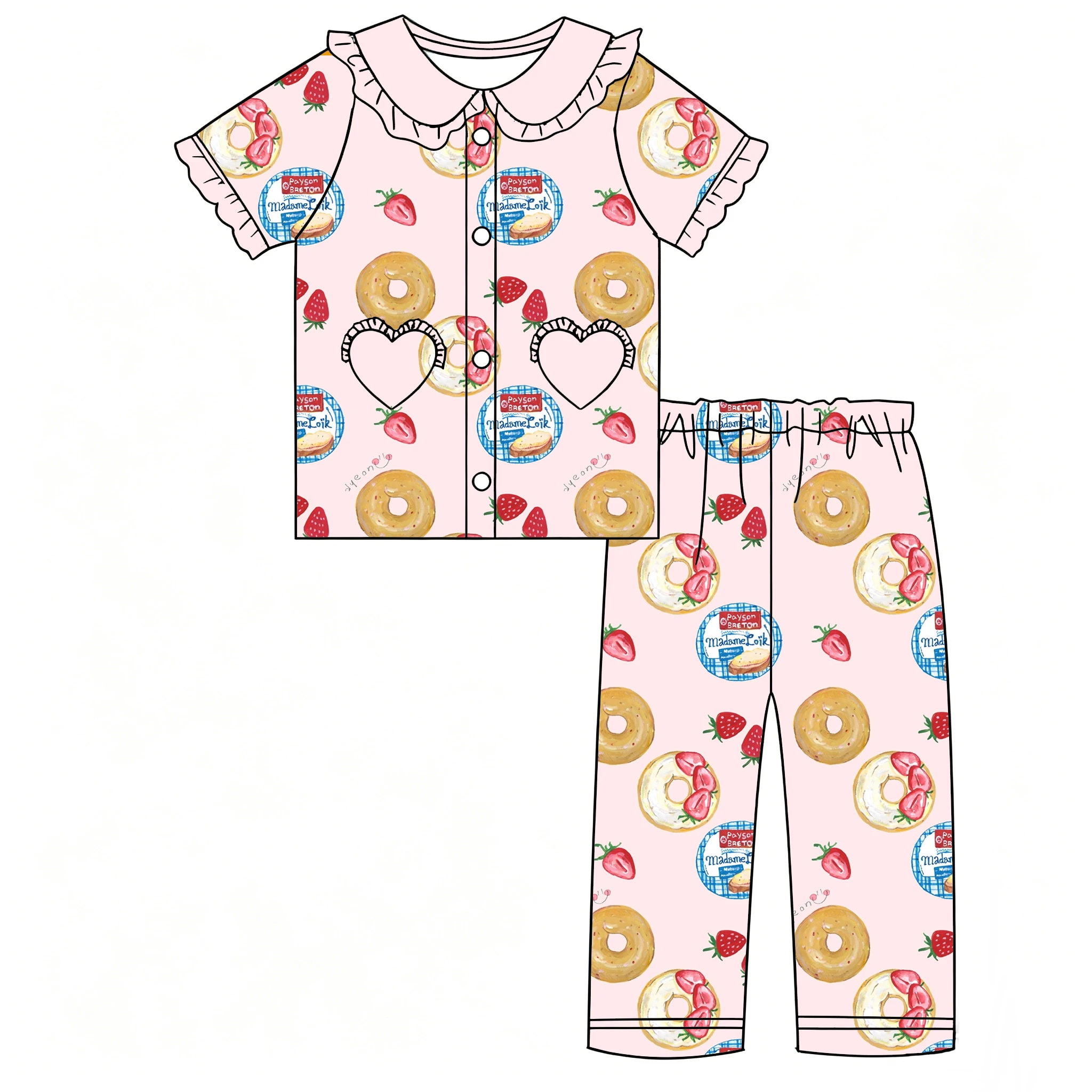 Boutique girl's pajama set Short sleeves trousers Lapel with ruffled heart-shaped pocket and buttons desserts and food print