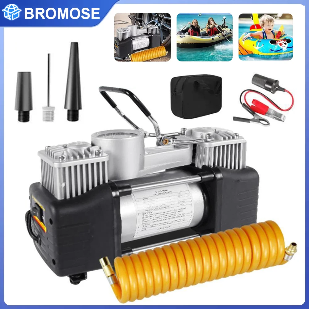 Pompa per pneumatici per auto Doppio cilindro 12V 150PSI Pompa di aria elettrica per auto Compressore d'aria portatile per carichi pesanti in metallo Gonfiatore per pneumatici per auto elettrica