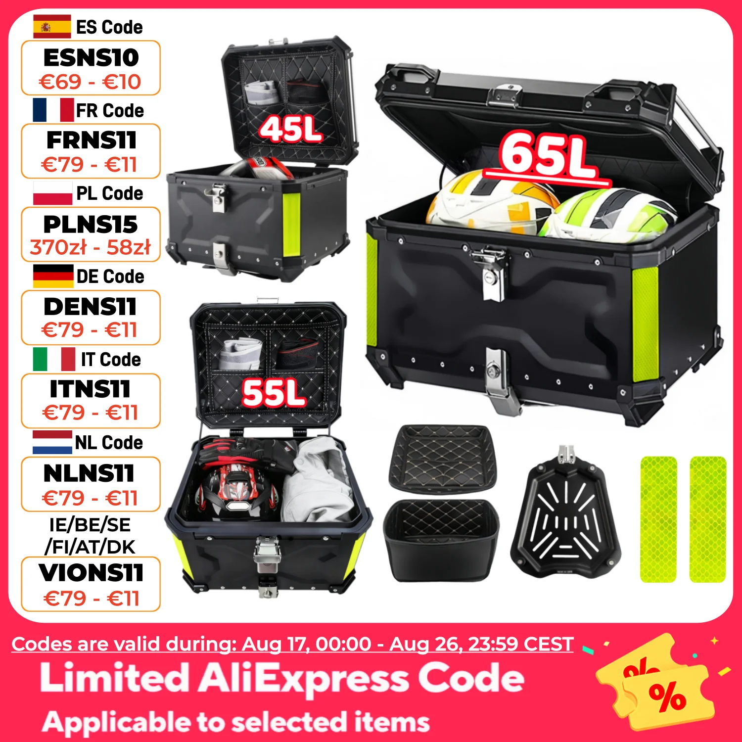 Aluminium Motorrad Topcase 45L, 55L, 65L, Motorrad-Kofferraum, Helmbox, Wasserdichte Heckbox, Gepäckkoffer mit Schnellverschluss, Werkzeugbox