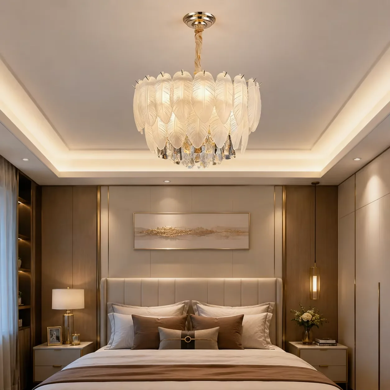Lampadario di Lusso con Piume di Cristallo Lampada a Sospensione LED Dimmerabile Luce Ambientale Soffusa Struttura Metallica Risparmio Energetico Facile Installazione per Soggiorno Sala da Pranzo