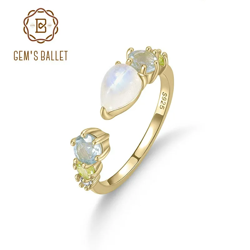 

GEM'S BALLET Nautral Milky Blue Moonstone Topaz Wedding Band Ring in 925 Sterling Silver Open Adjustable Ring Gift For Her