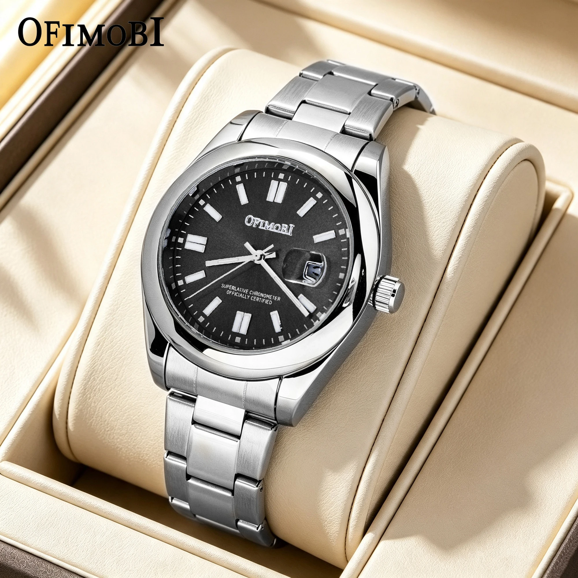 OFIMOBI Men Quartz DJ Watch Stainless Steel Luminous Date Calendar Business Daily Waterproof Wristwatch Gift Set