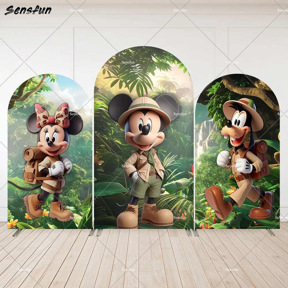

Retro Mickey Mouse Safari Party Arch Wall Panels Backdrop Green Forest Pluto Minnie Arch Cover Banner for Boy Birthday 2-Sided