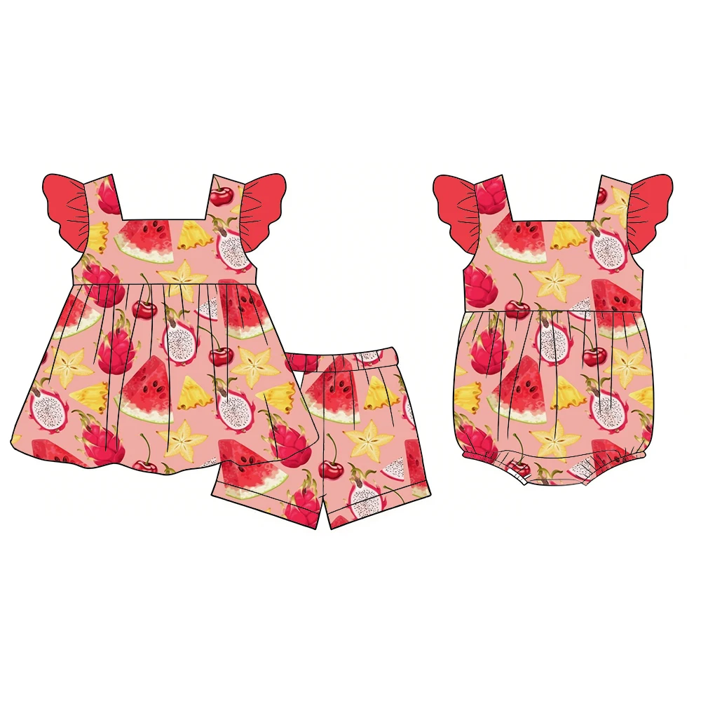 Boutique kids set spaghetti strap dress with flutter sleeves paired with shorts fruit popsicles print girl romper and set